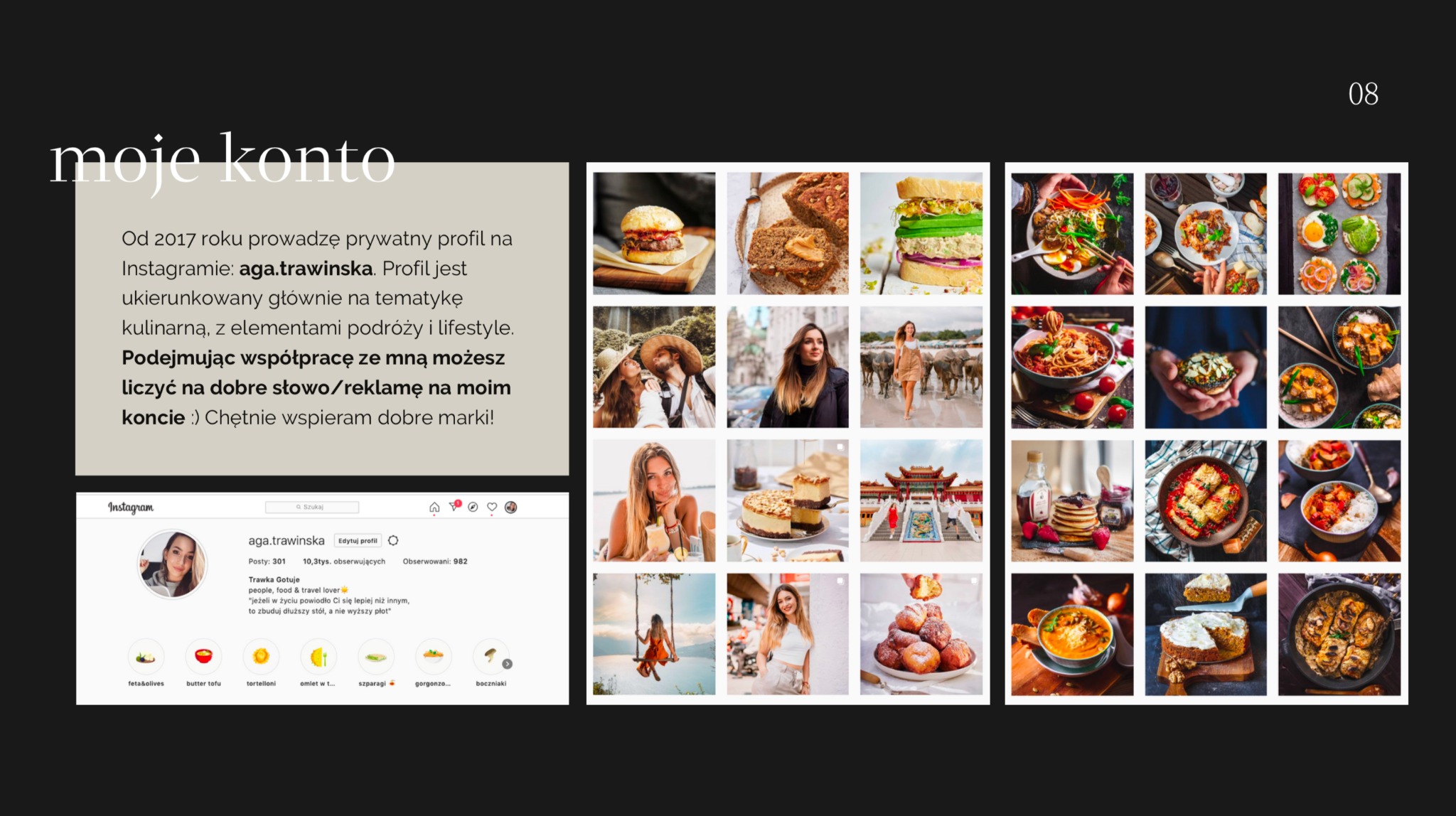 Prezentacja profilu na Instagramie z galerią zdjęć kulinarnych, podróżniczych i lifestylowych, wraz z tekstem zachęcającym do współpracy reklamowej.
