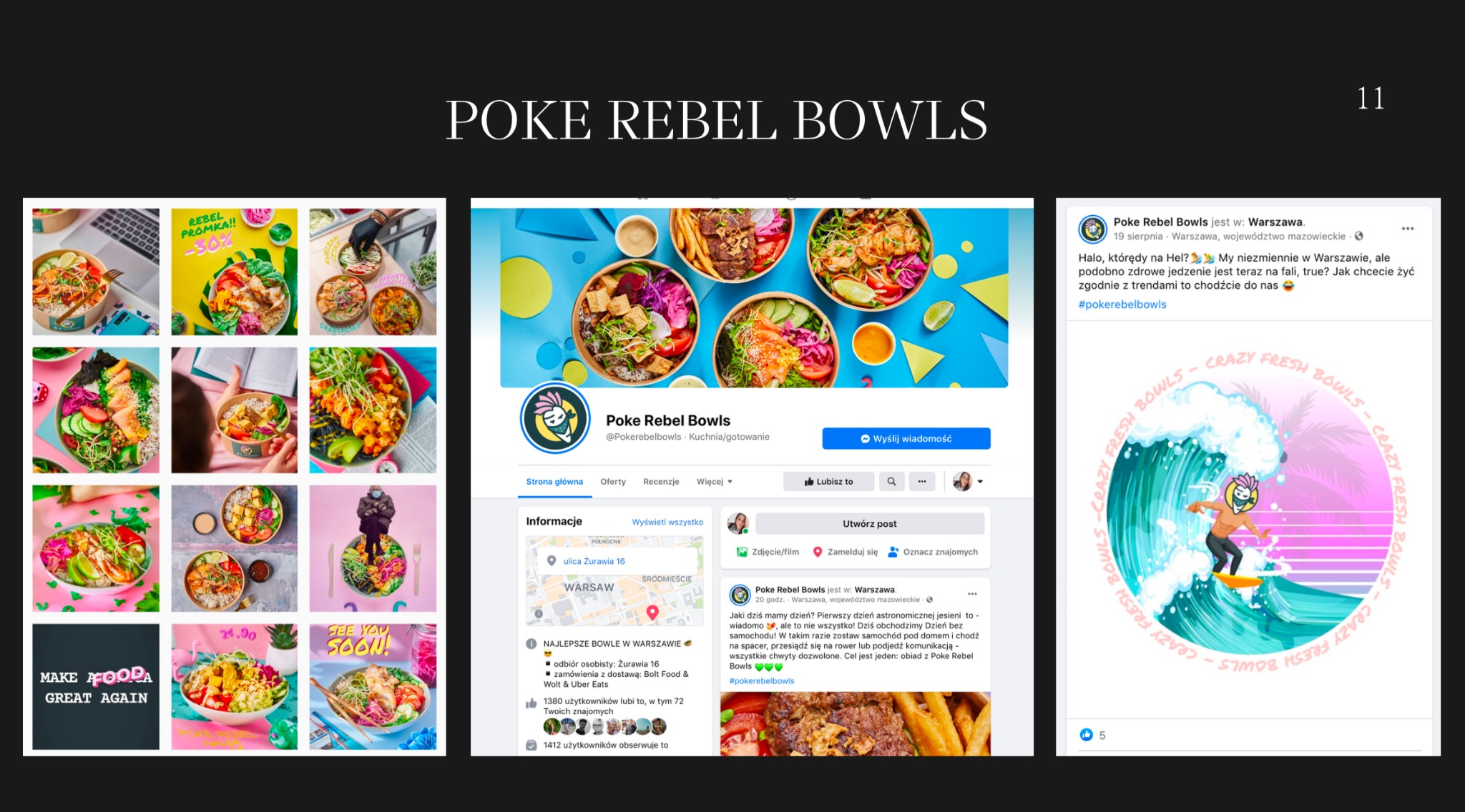 Kolaż zdjęć i zrzutów ekranu z profilu Poke Rebel Bowls na Facebooku i Instagramie, prezentujący kolorowe miski z jedzeniem i grafiki promocyjne.