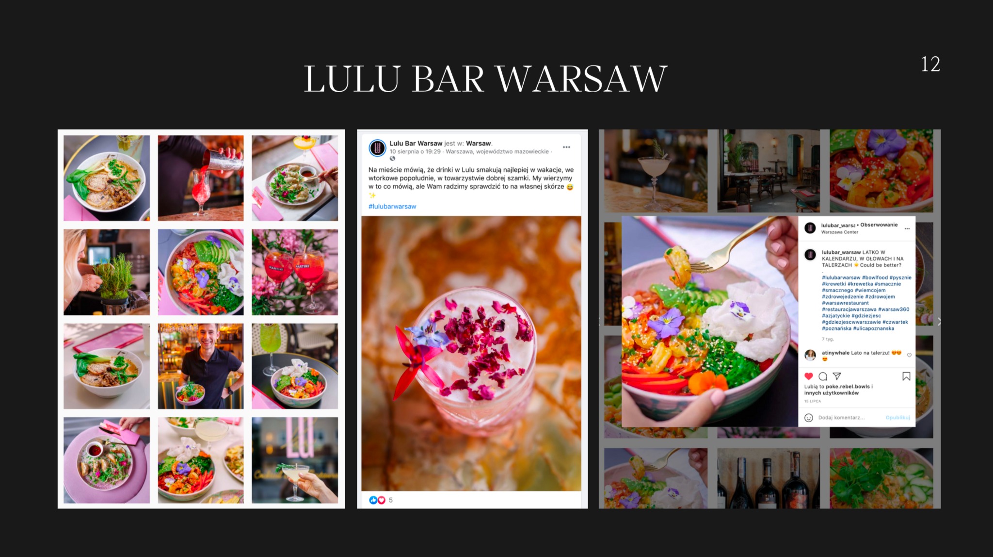 Mozaika zdjęć z Instagrama Lulu Bar Warsaw, prezentująca kolorowe drinki i dania typu bowl food, w tym drink z płatkami róż i danie z krewetkami i kwiatami jadalnymi, plus post z opisem i hashtagami.