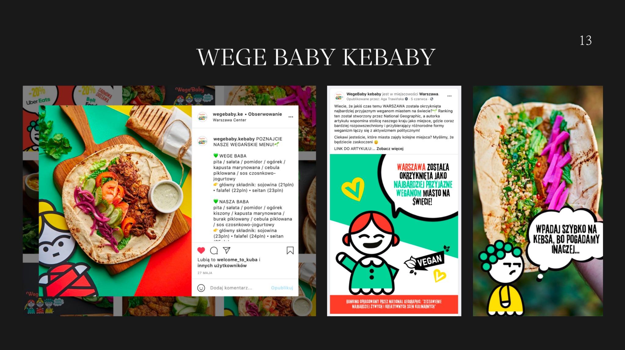 Kompozycja graficzna z elementami wegańskiego kebaba, menu, postów z mediów społecznościowych i ilustracji, promująca wegańskie jedzenie w Warszawie.