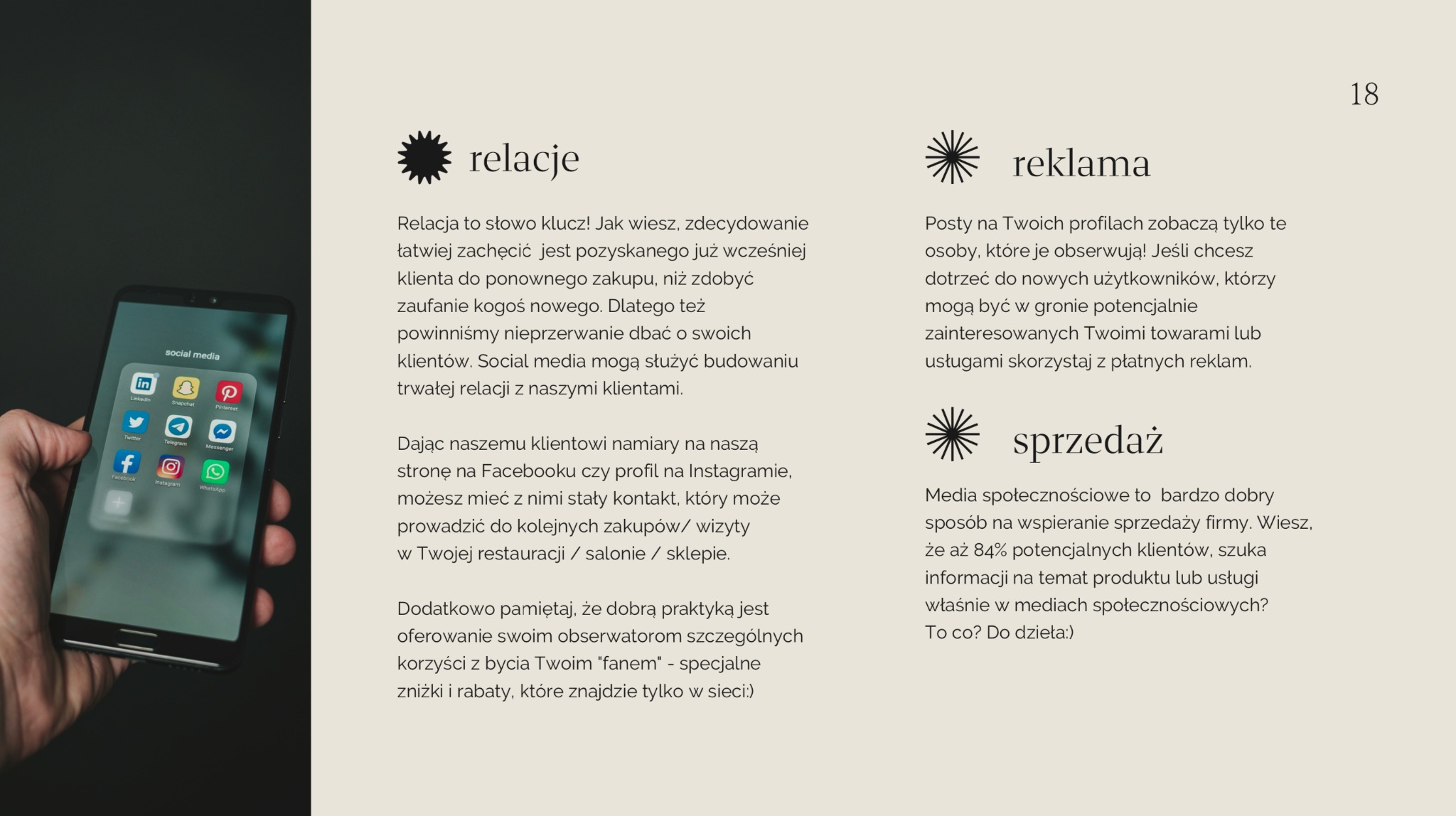 Smartfon w dłoni, wyświetlający ekran z ikonami popularnych mediów społecznościowych, takich jak LinkedIn, Twitter, Facebook, Instagram, Snapchat, Telegram, Messenger i WhatsApp. W tle widoczne...