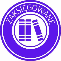 Fioletowe logo z napisem 'ZAKSIĘGOWANE' otaczającym trzy stylizowane książki w okręgu.