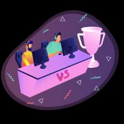 Grafika wektorowa przedstawiająca dwóch graczy e-sportowych siedzących przy stole z monitorami, z napisem 'VS' i pucharem zwycięzcy, otoczona abstrakcyjnymi kształtami na czarnym tle.