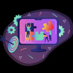 Ilustracja wektorowa przedstawiająca monitor, na którym trzy osoby dopasowują do siebie elementy układanki, a w tle widoczne są koła zębate i strzała trafiająca w tarczę.