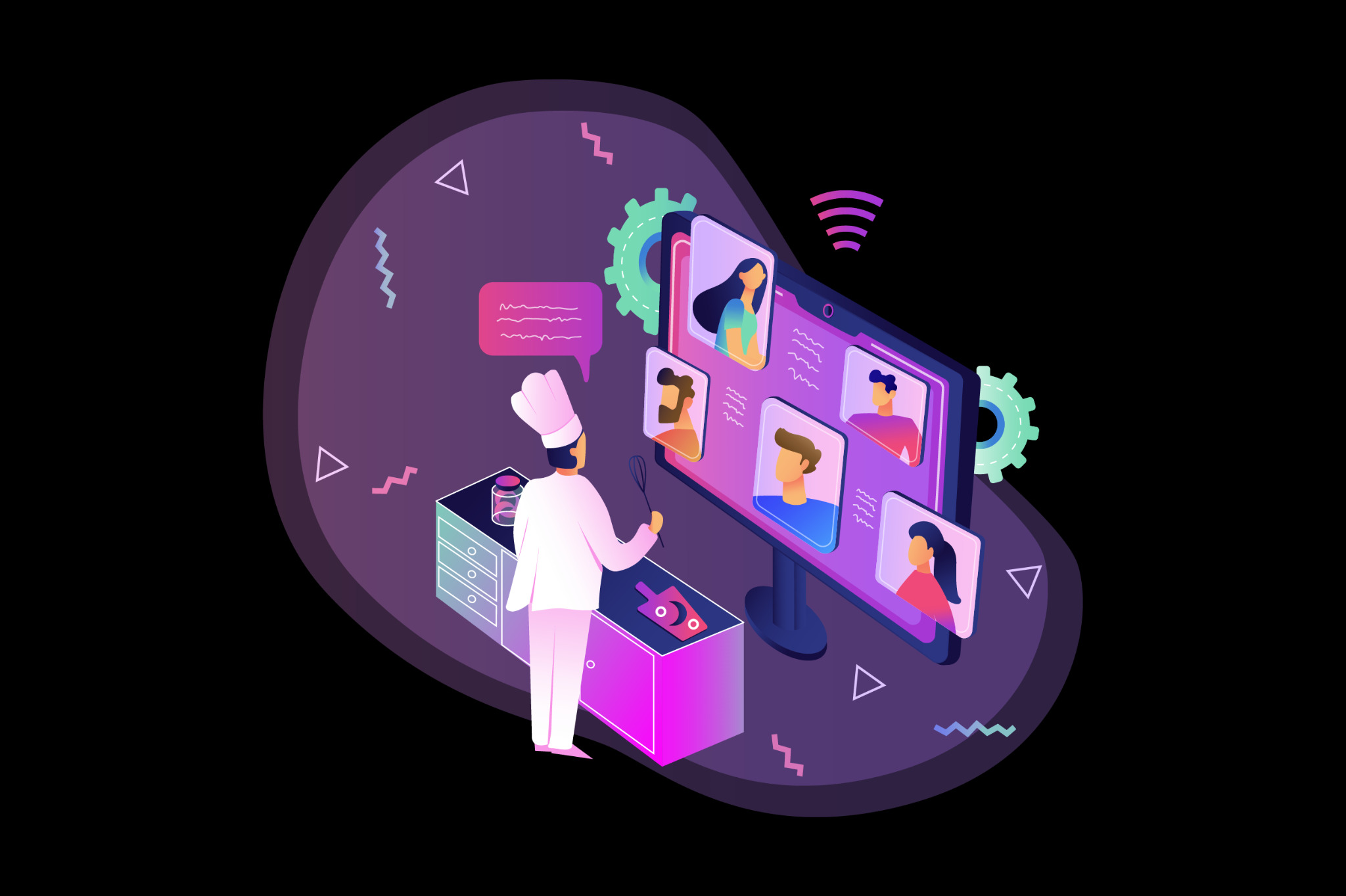 Ilustracja przedstawia kucharza w stroju roboczym prowadzącego wirtualne warsztaty kulinarne, widocznego na ekranie z uczestnikami, z elementami graficznymi w tle.