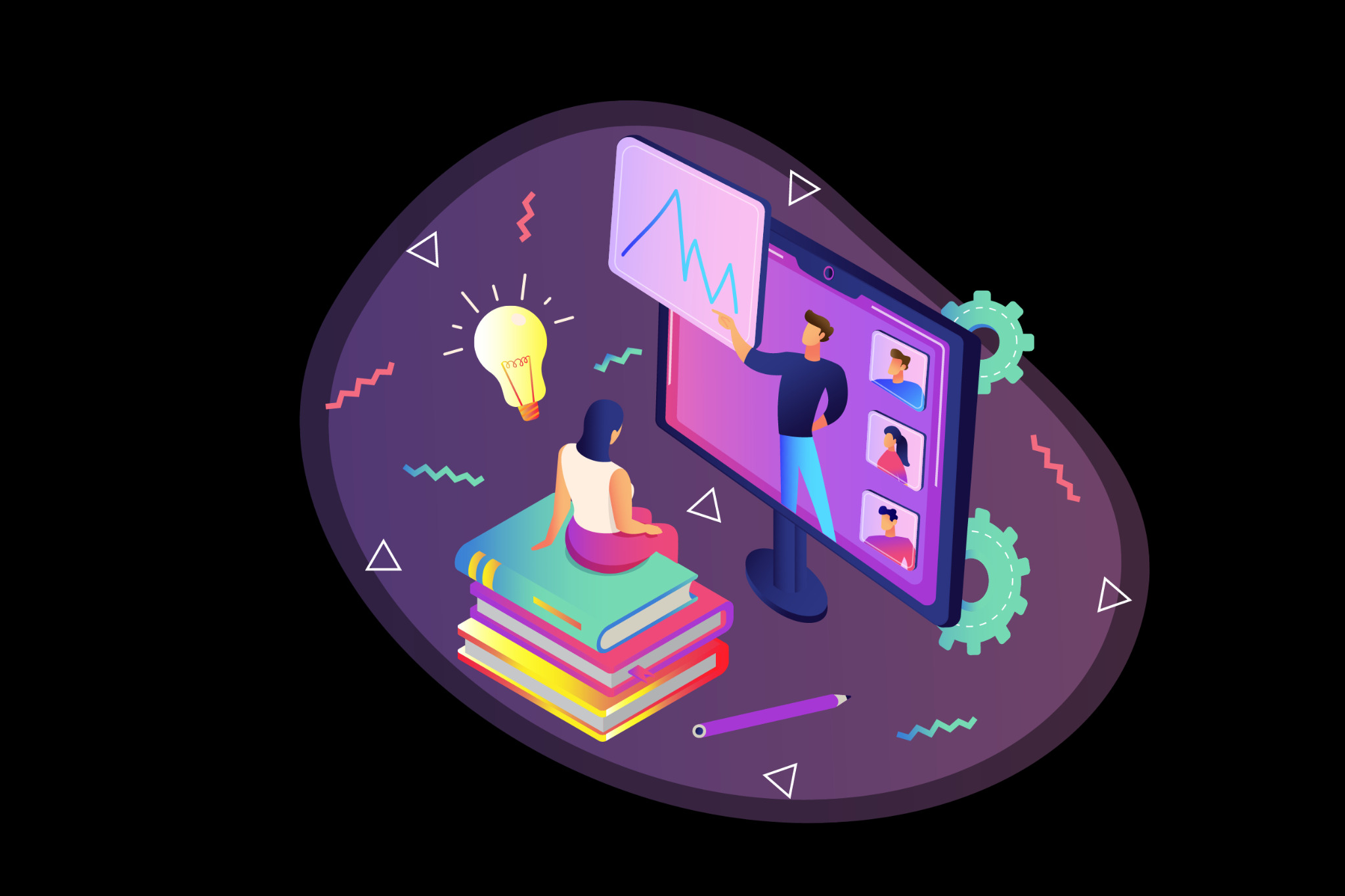 Ilustracja przedstawia kobietę siedzącą na stosie książek, obserwującą prezentację online z analizą wykresów, prowadzoną przez mężczyznę na dużym ekranie tabletu, z widocznymi profilami uczestników...