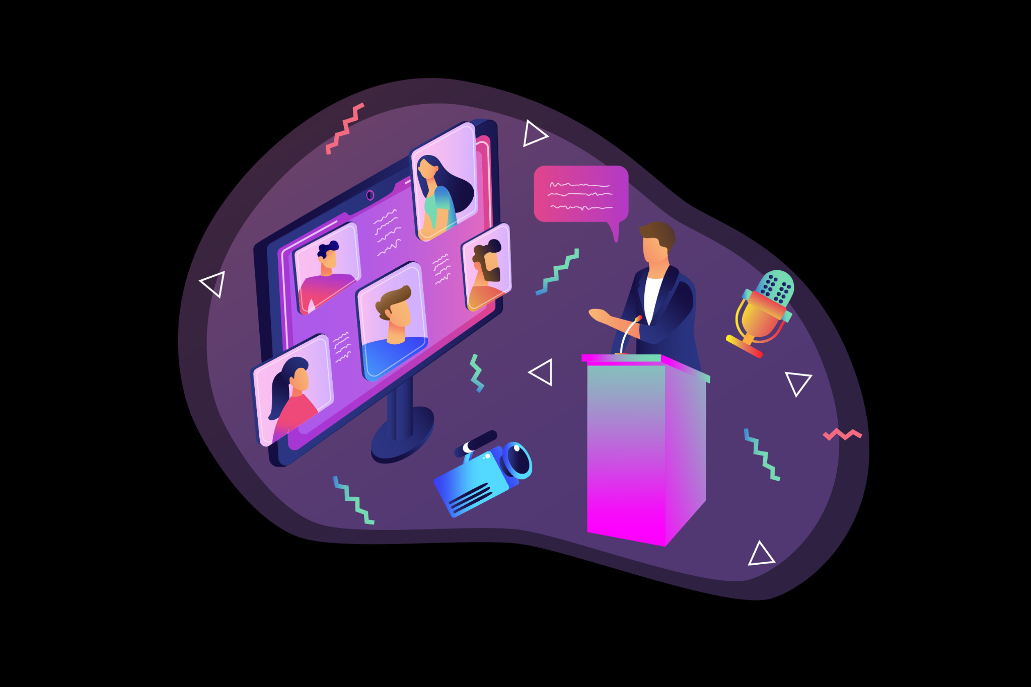 Ilustracja przedstawia prelegenta przemawiającego online do grupy osób widocznych na ekranie monitora, z mikrofonem obok i kamerą w pobliżu.