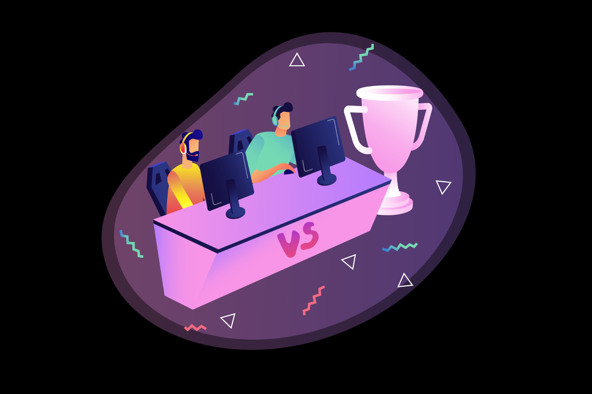 Grafika wektorowa przedstawiająca dwóch graczy e-sportowych siedzących przy stole z monitorami, z napisem 'VS' i pucharem zwycięzcy, otoczona abstrakcyjnymi kształtami na czarnym tle.