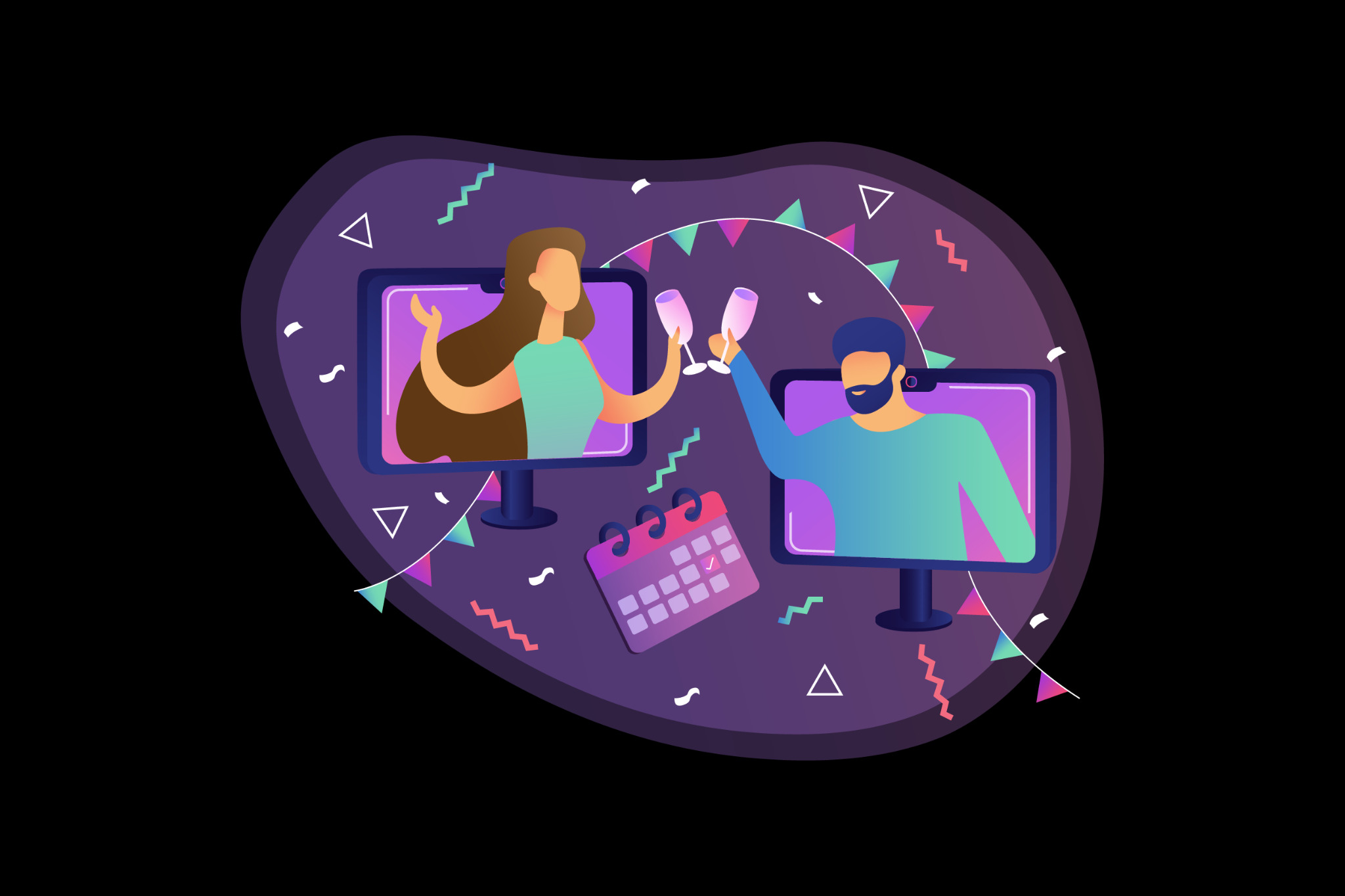 Ilustracja wektorowa przedstawiająca wirtualne spotkanie: kobieta i mężczyzna w monitorach wznoszą toasty kieliszkami, obok kalendarz z zaznaczoną datą, całość otoczona dekoracjami.