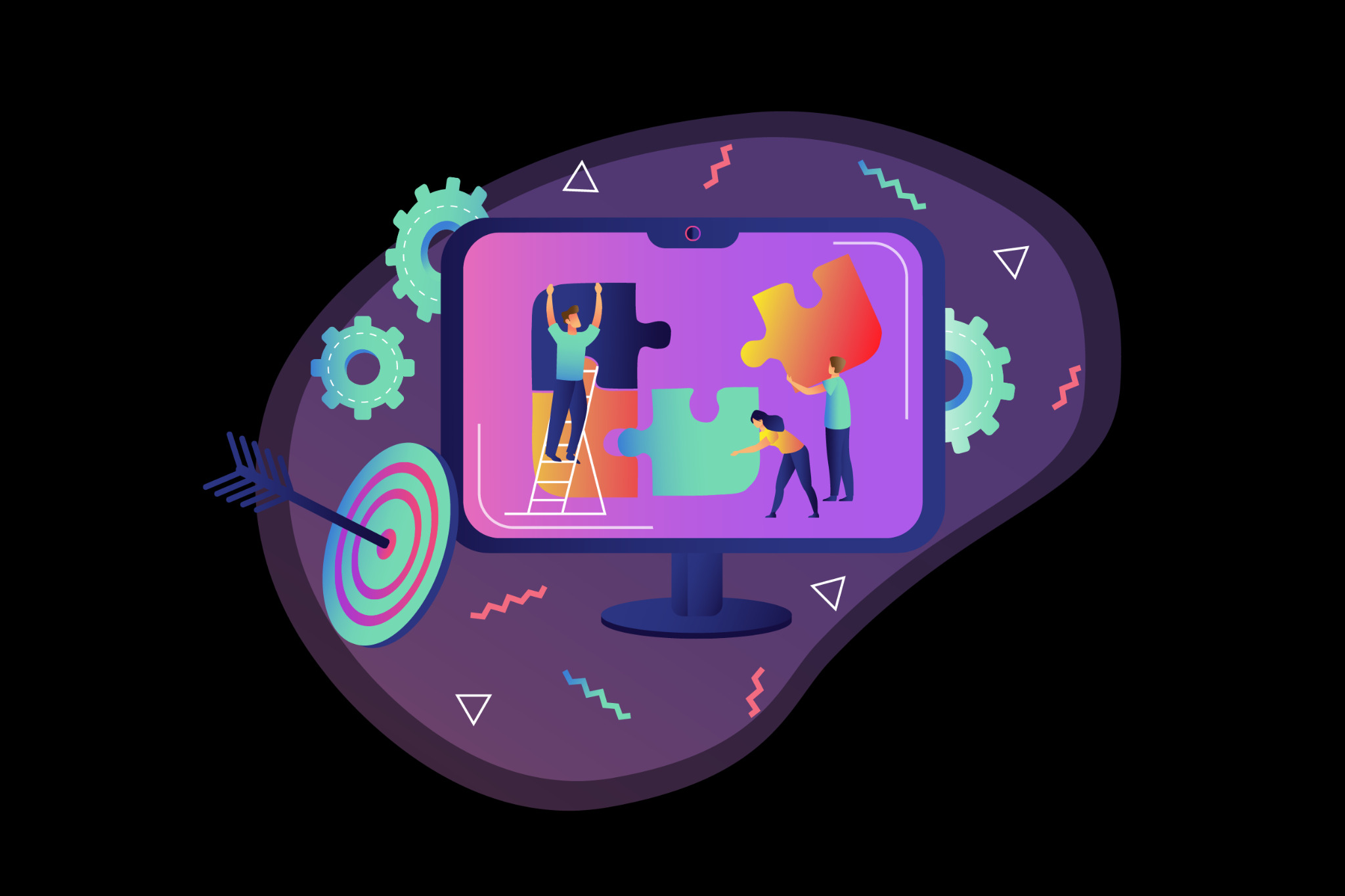 Ilustracja wektorowa przedstawiająca monitor, na którym trzy osoby dopasowują do siebie elementy układanki, a w tle widoczne są koła zębate i strzała trafiająca w tarczę.