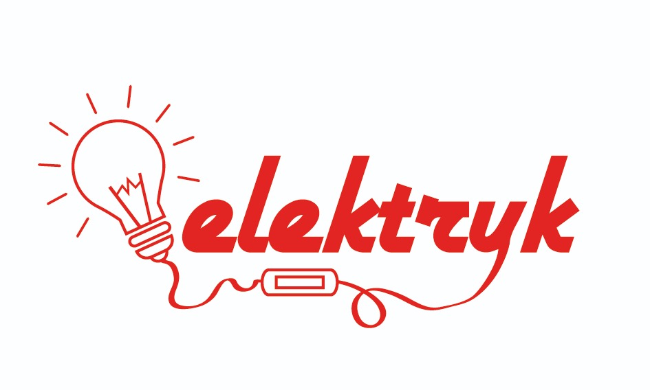 Czerwone logo firmy elektrycznej z żarówką i napisem 'elektryk' połączonymi kablem z włącznikiem na białym tle.