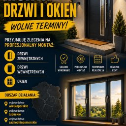 Kołodziej - Grafika reklamowa montażu drzwi i okien, z nowoczesnymi czarnymi drzwiami wejściowymi i dużym oknem z widokiem na krajobraz, prezentująca usługi, kontakt i obszar działania.