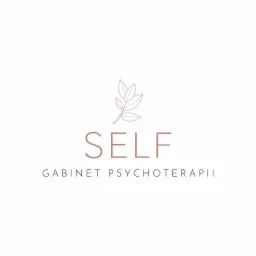 Logo gabinetu psychoterapii 'SELF' z minimalistycznym motywem liścia w kolorze beżowym na białym tle.