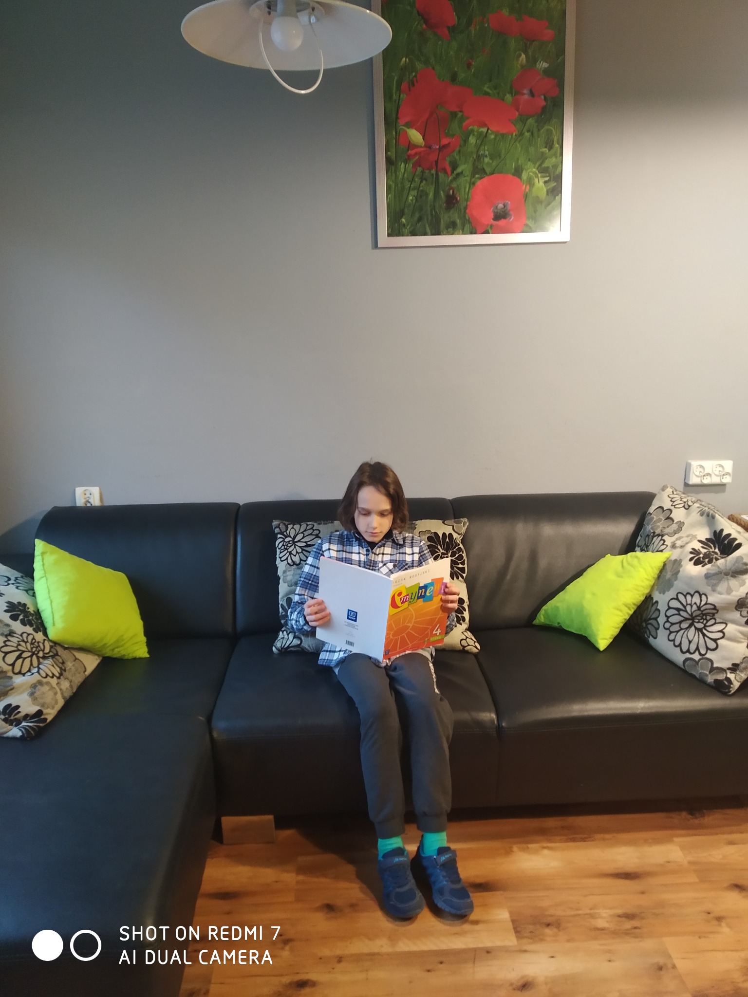 Chłopiec siedzi na czarnej skórzanej kanapie i czyta kolorowy podręcznik z wyraźnym napisem 'Cmyne' w pokoju z szarą ścianą i obrazem maków.