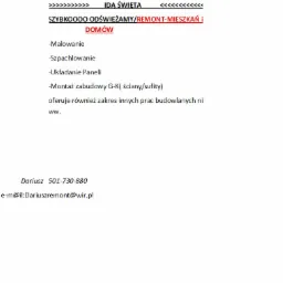 Ogłoszenie firmy remontowej oferującej malowanie, szpachlowanie, układanie paneli i montaż zabudowy G-K (ściany/sufity) z danymi kontaktowymi.