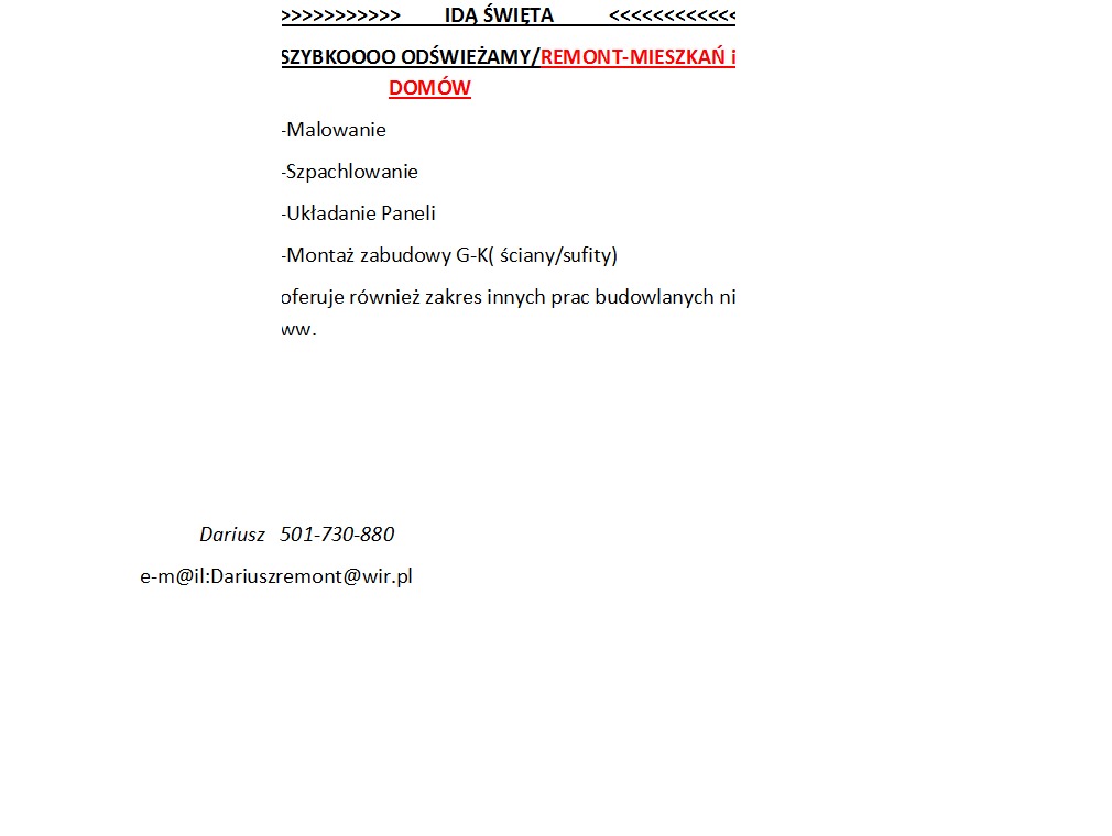 Ogłoszenie firmy remontowej oferującej malowanie, szpachlowanie, układanie paneli i montaż zabudowy G-K (ściany/sufity) z danymi kontaktowymi.