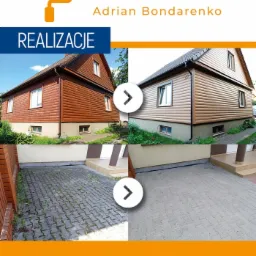 Kompozycja typu 'przed i po' prezentująca renowację elewacji domu z drewnianej na siding oraz oczyszczenie kostki brukowej na podjeździe, z widocznym logo firmy i danymi kontaktowymi.