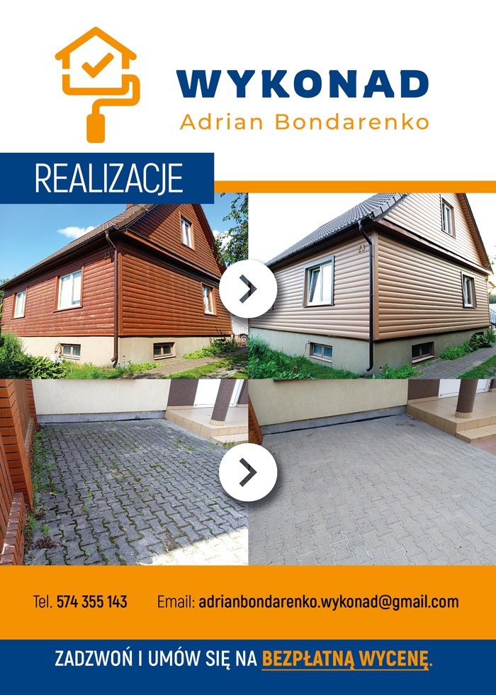 Kompozycja typu 'przed i po' prezentująca renowację elewacji domu z drewnianej na siding oraz oczyszczenie kostki brukowej na podjeździe, z widocznym logo firmy i danymi kontaktowymi.