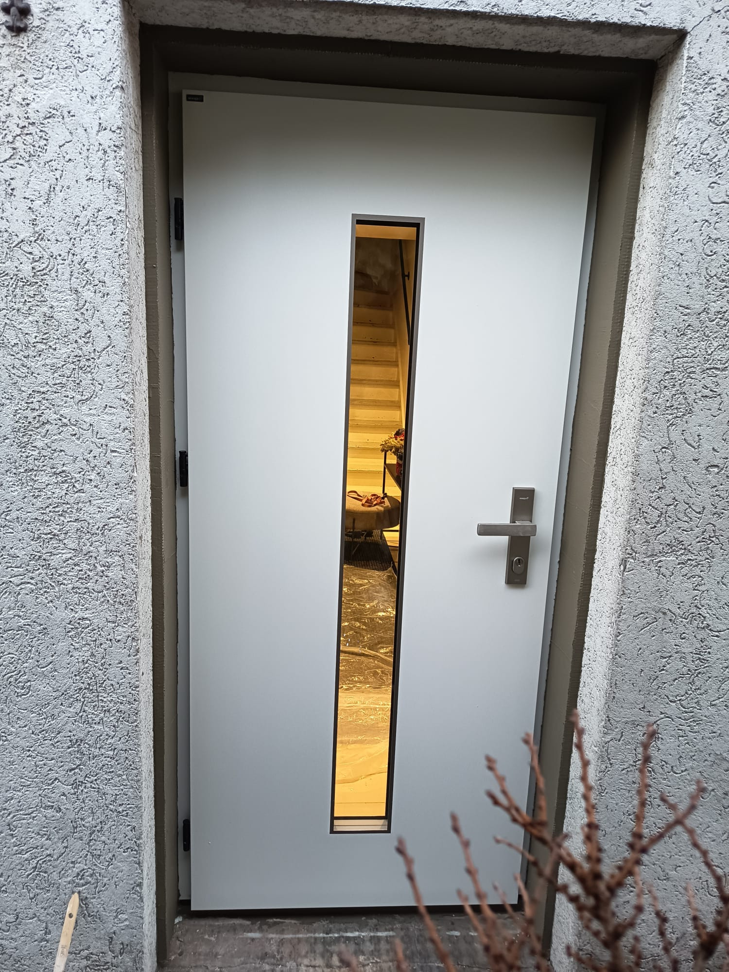 Białe drzwi wejściowe z wąskim, pionowym przeszkleniem, przez które widać schody i wnętrze domu. Teksturowana ściana zewnętrzna, gałązki krzewu w kadrze.