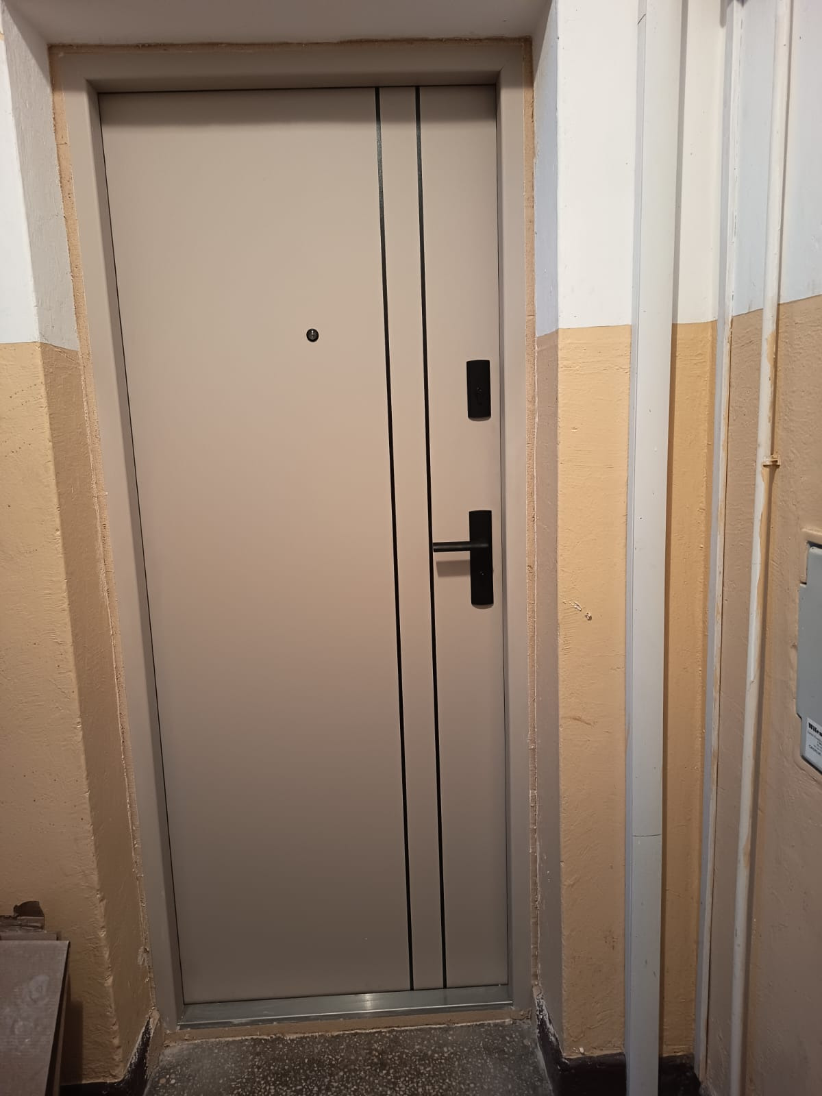 Beżowe drzwi z czarnymi akcentami (klamka, wizjer) w bloku, widoczne fragmenty korytarza z pomalowanymi ścianami. Minimalistyczny design.