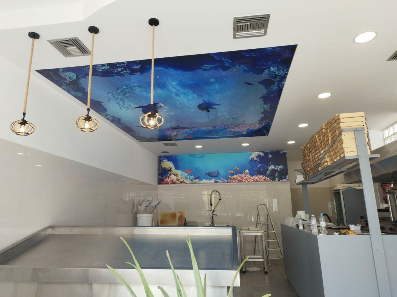 Sufit napinany z motywem podwodnego świata w lokalu gastronomicznym, oświetlony trzema lampami wiszącymi na sznurach.