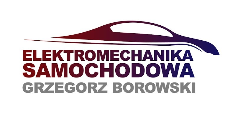 Logo firmy Elektromechanika Samochodowa Grzegorz Borowski z gradientowym rysunkiem samochodu nad tekstem.