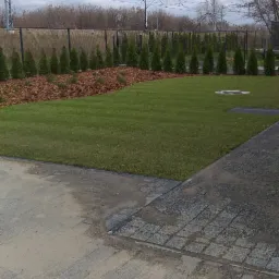 Świeżo założony trawnik z równo przyciętą trawą, obrzeżem z kostki i nasadzeniami z tui wzdłuż ogrodzenia, na tle pochmurnego nieba i linii kolejowej.