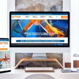 Prezentacja responsywnej strony internetowej Qirox na monitorze i smartfonie, z robotem spawalniczym w tle, na minimalistycznym biurku z drewnianymi akcentami i ceglaną ścianą w tle.