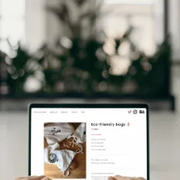 Osoba przegląda na laptopie w Bielsko-Białej stronę internetową z ofertą ekologicznych toreb materiałowych, widoczne dłonie na klawiaturze, w tle rozmyte rośliny doniczkowe.