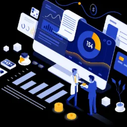 Izometryczna ilustracja przedstawiająca analizę danych finansowych na monitorze, z wykresami kołowymi i słupkowymi, otoczona ikonami pieniędzy, kart kredytowych i dokumentów, z dwoma postaciami...