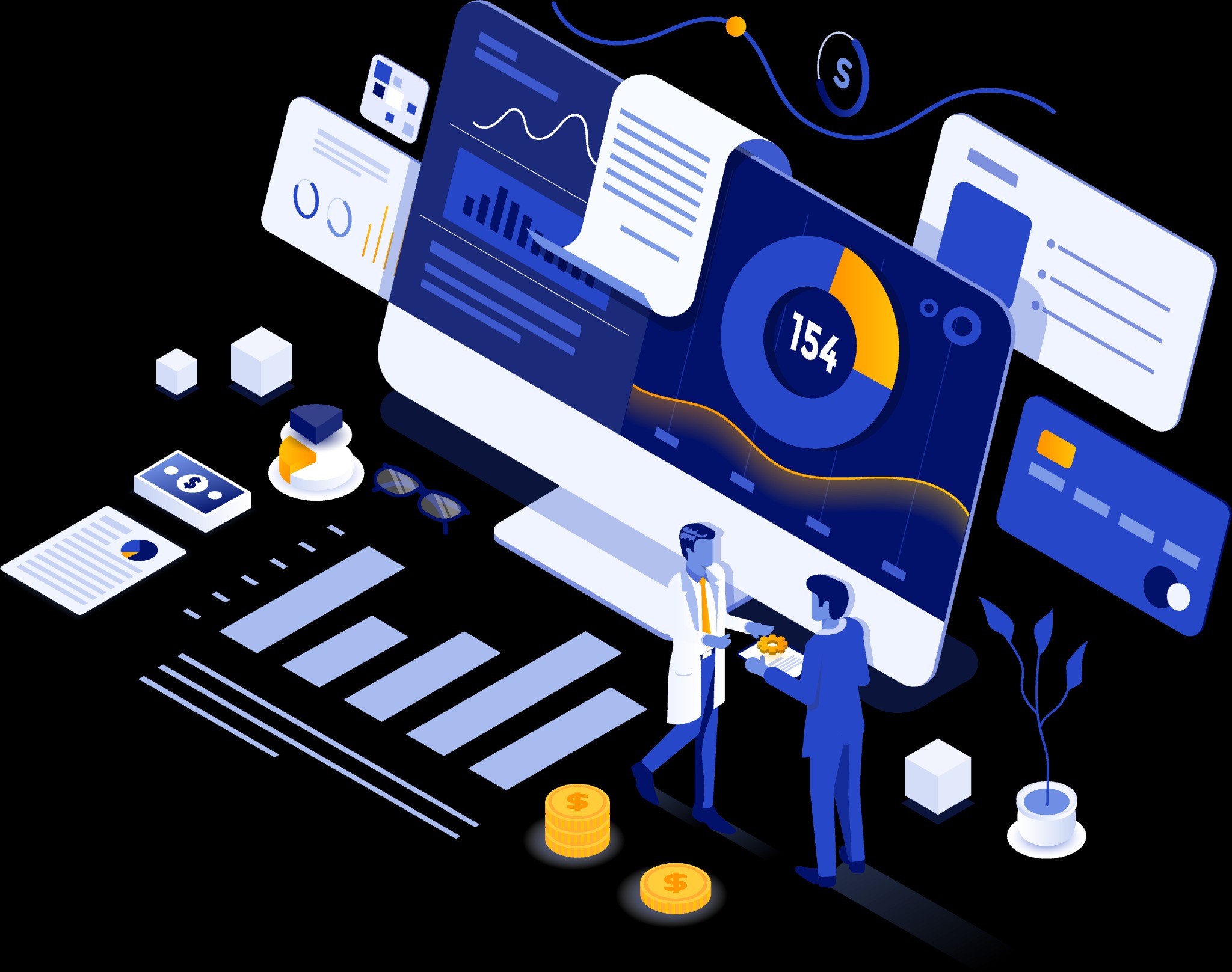 Izometryczna ilustracja przedstawiająca analizę danych finansowych na monitorze, z wykresami kołowymi i słupkowymi, otoczona ikonami pieniędzy, kart kredytowych i dokumentów, z dwoma postaciami...