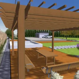 Wizualizacja ogrodu z drewnianą pergolą, basenem, meblami ogrodowymi i ozdobnymi trawami wzdłuż ścieżki.