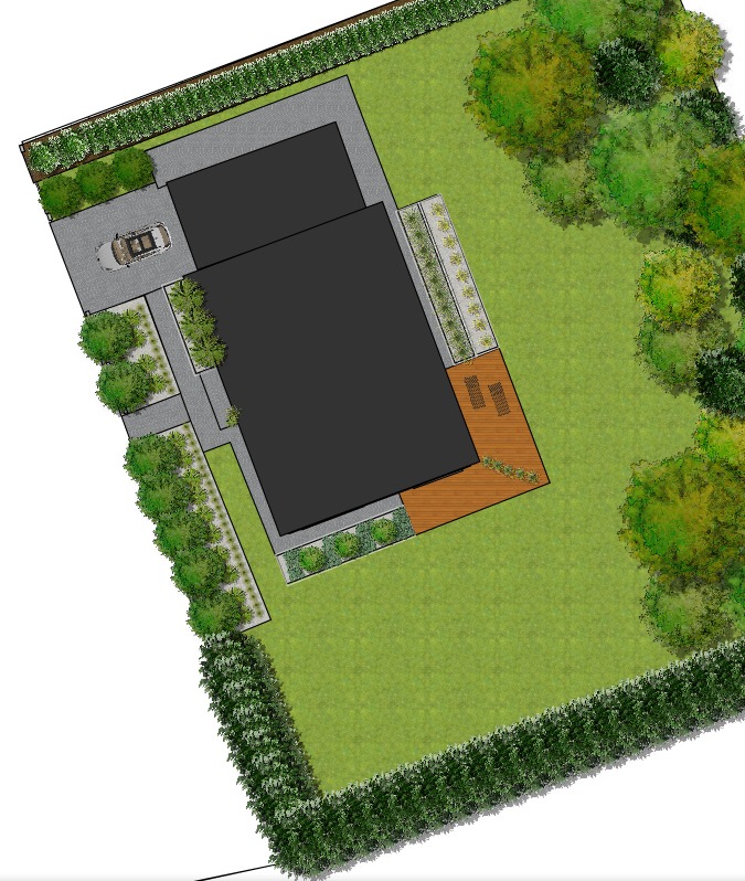 Wizualizacja 3D ogrodu z domem widziana z góry, prezentująca zagospodarowanie terenu z trawnikiem, nasadzeniami, podjazdem dla samochodu, drewnianym tarasem i żywopłotem.