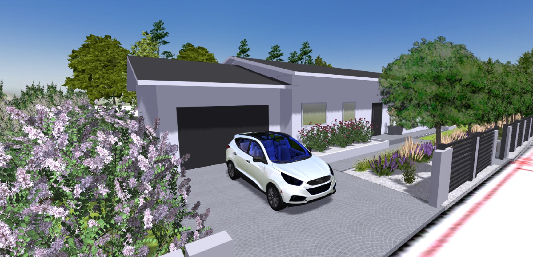 Wizualizacja 3D nowoczesnego domu jednorodzinnego z garażem, podjazdem z kostki brukowej i minimalistycznym ogrodem z kwitnącymi krzewami, trawami ozdobnymi i niskim żywopłotem wzdłuż ogrodzenia.