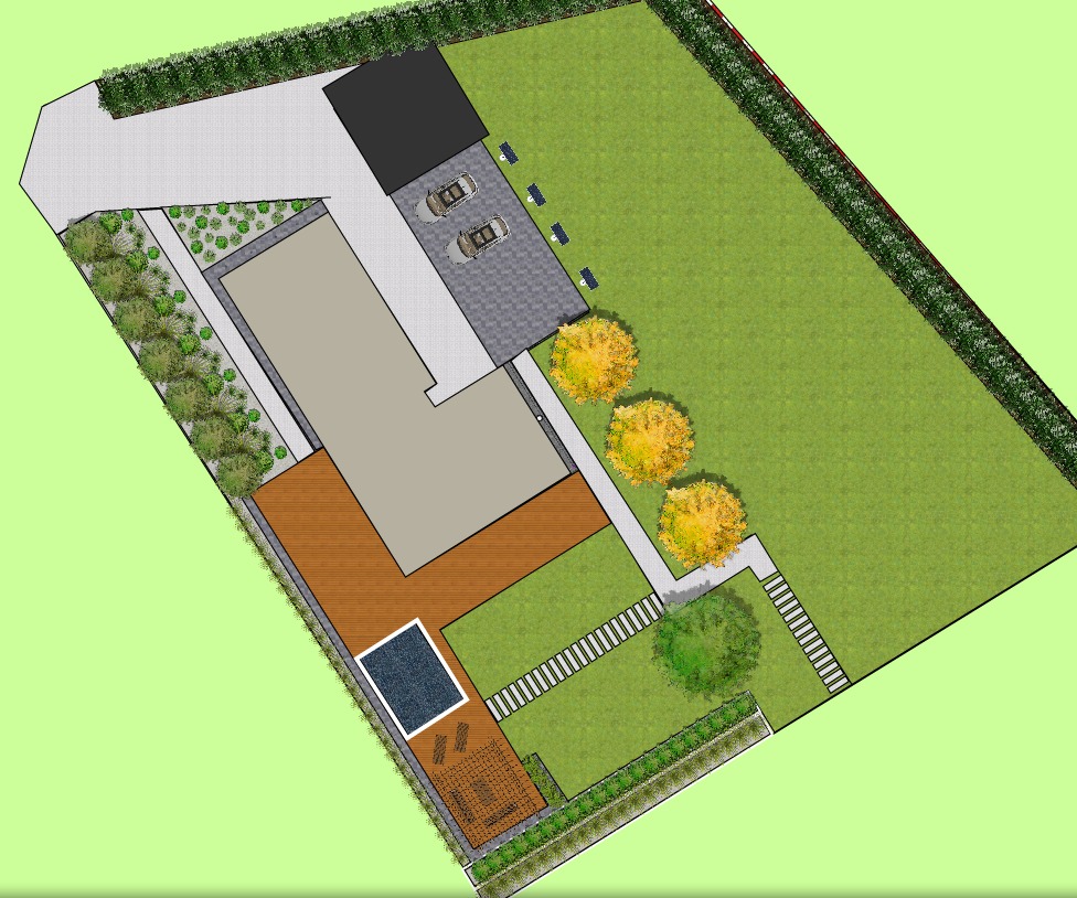 Plan zagospodarowania działki z domem, basenem, tarasem, podjazdem i ogrodem, widok z góry.