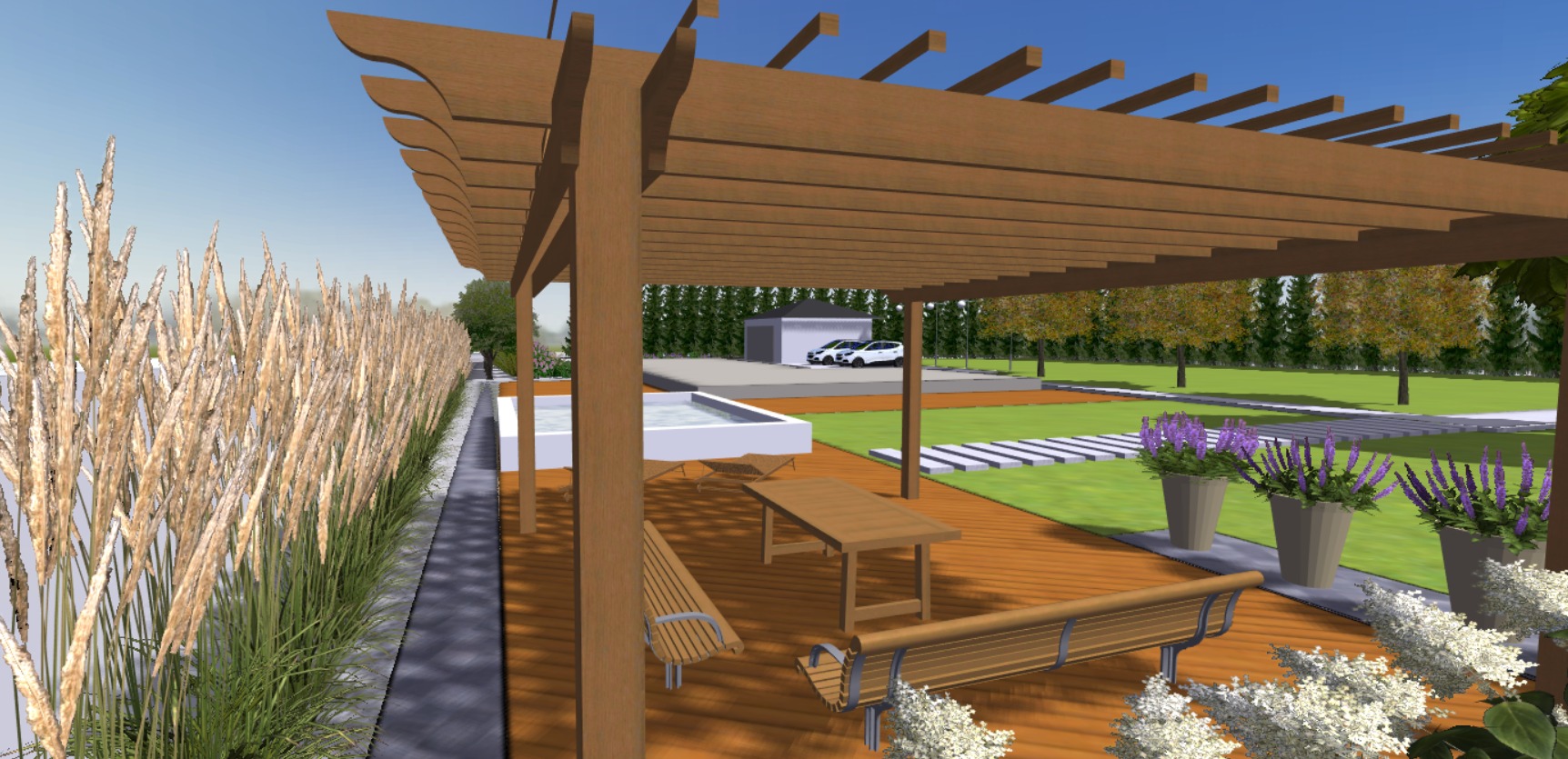 Wizualizacja ogrodu z drewnianą pergolą, basenem, meblami ogrodowymi i ozdobnymi trawami wzdłuż ścieżki.