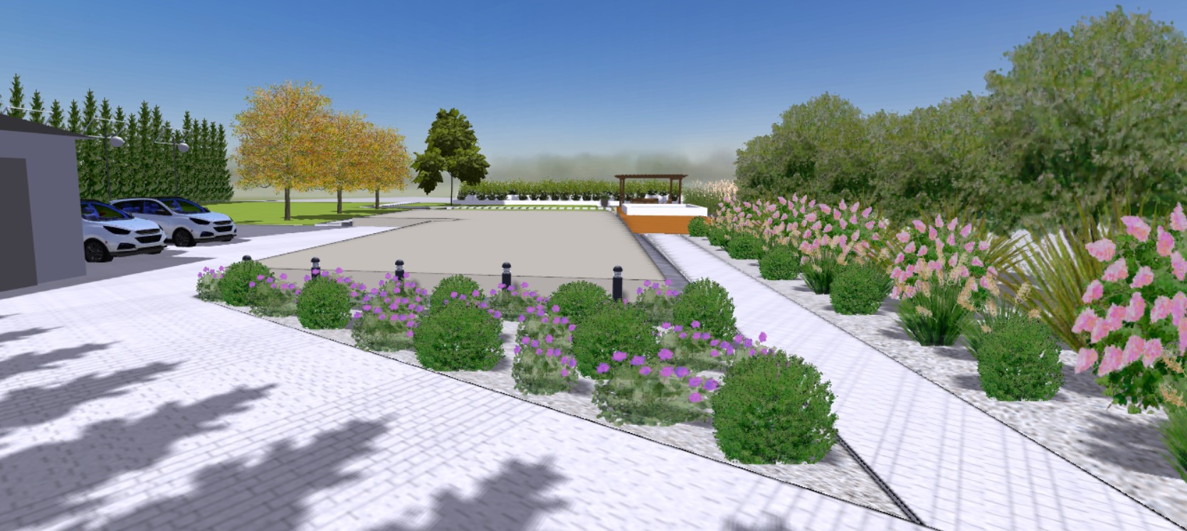 Wizualizacja ogrodu z równo przyciętymi krzewami, kwitnącymi bylinami i ścieżką z jasnej kostki brukowej prowadzącą do altany.