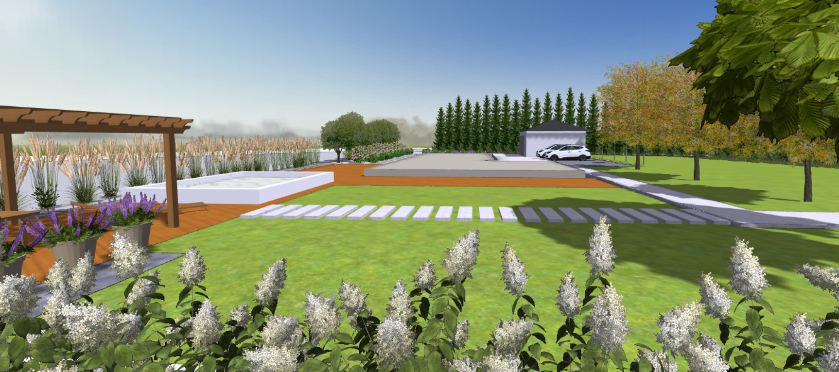 Wizualizacja ogrodu z pergolą, basenem, ścieżką z płyt i ozdobnymi trawami, widok na dom z garażem i podjazdem.