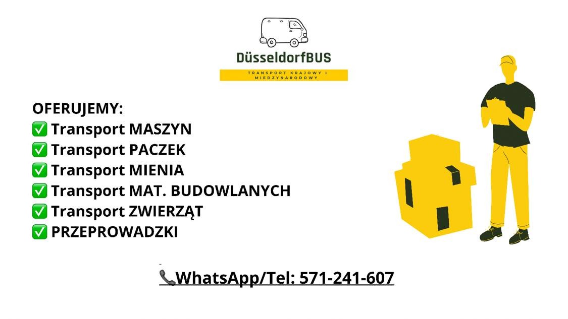 Grafika reklamowa firmy transportowej DüsseldorfBUS z ofertą transportu maszyn, paczek, mienia, materiałów budowlanych, zwierząt i przeprowadzek, obok sylwetka osoby z teczką i kartonem.