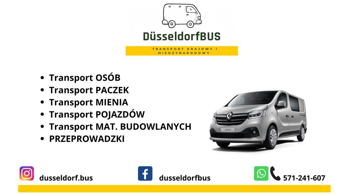 Reklama firmy DüsseldorfBUS oferującej transport osób, paczek, mienia, pojazdów, materiałów budowlanych i przeprowadzki, z widocznym busem Renault Trafic.