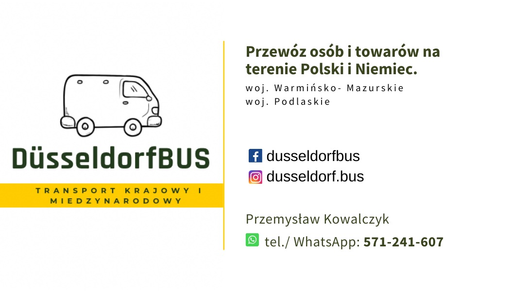 Grafika reklamowa firmy transportowej DüsseldorfBUS oferującej przewóz osób i towarów na terenie Polski i Niemiec, z informacjami kontaktowymi.