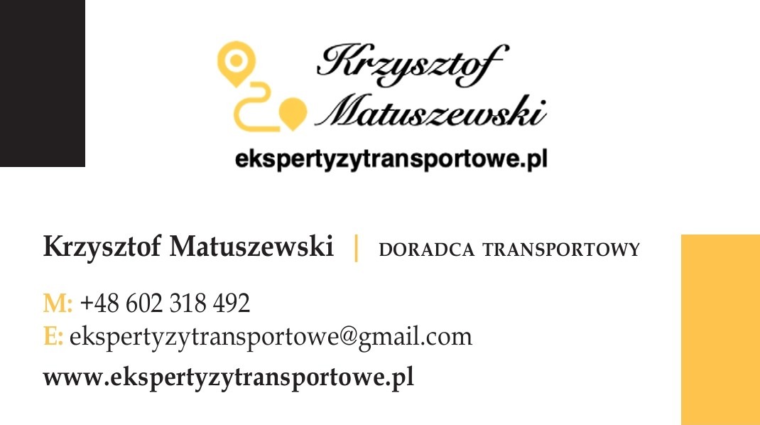 Wizytówka Krzysztofa Matuszewskiego, doradcy transportowego, z logo przedstawiającym żółtą pinezkę i adres strony ekspertyzytransportowe.pl, zawierająca numer telefonu i adres e-mail.