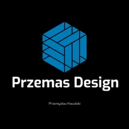 Logo firmy 'Przemas Design' z Włocławka, przedstawiające niebieski, geometryczny sześcian na czarnym tle, poniżej nazwa firmy białymi literami i imię i nazwisko właściciela.
