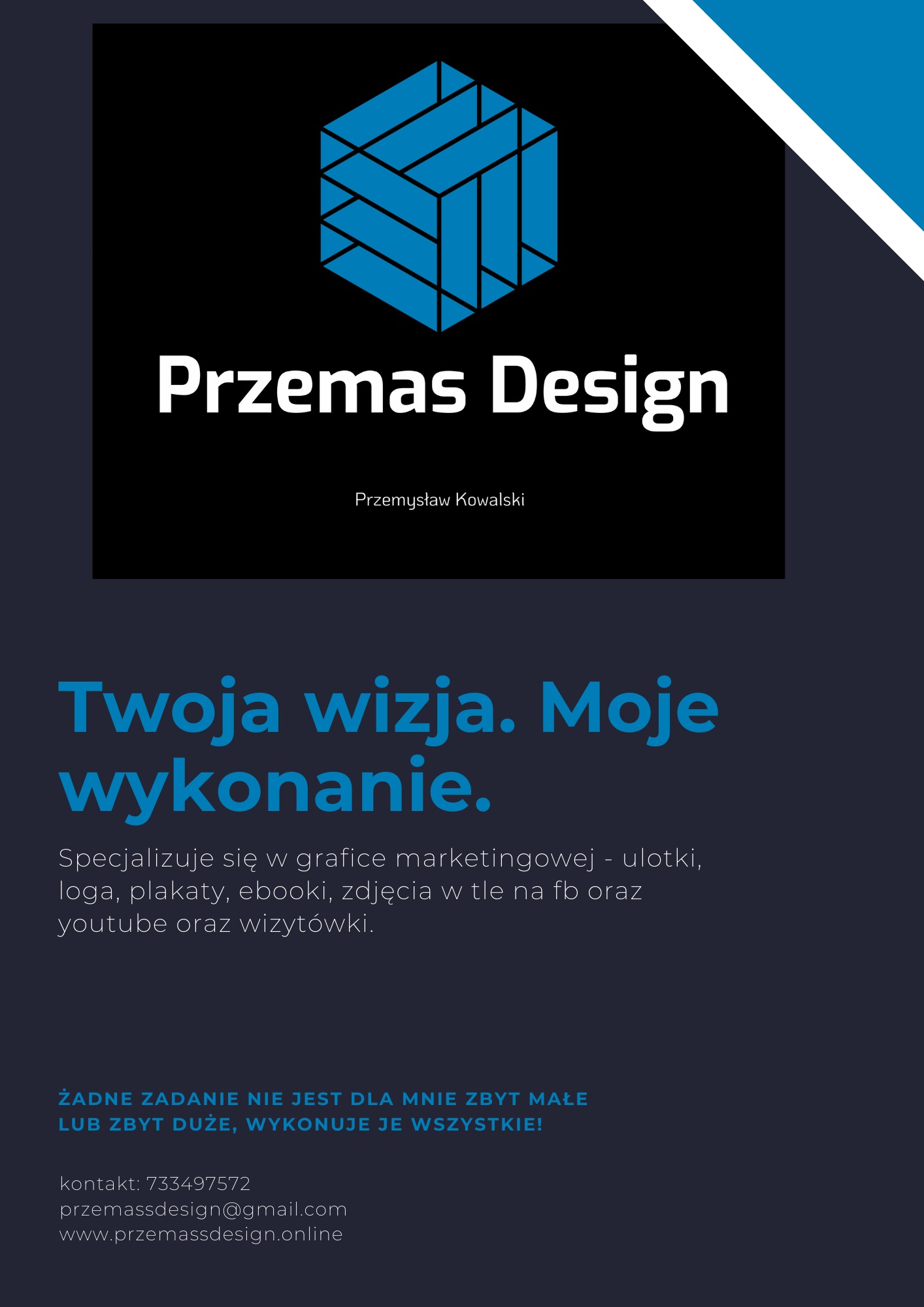 Logo firmy Przemas Design z geometrycznym symbolem sześcianu zbudowanego z linii, oferującej grafikę marketingową, ulotki, loga, plakaty, ebooki i wizytówki.