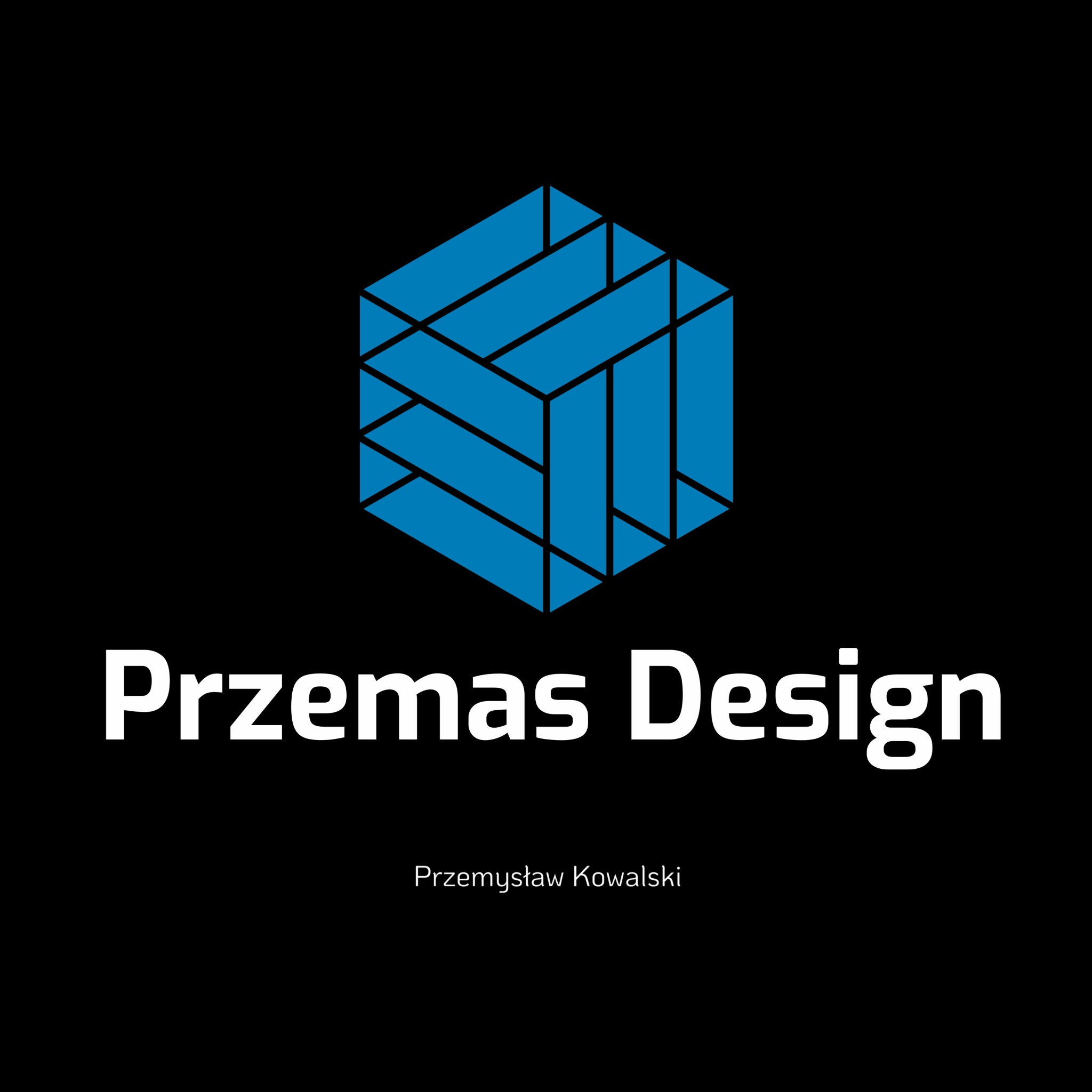 Logo firmy 'Przemas Design' z Włocławka, przedstawiające niebieski, geometryczny sześcian na czarnym tle, poniżej nazwa firmy białymi literami i imię i nazwisko właściciela.