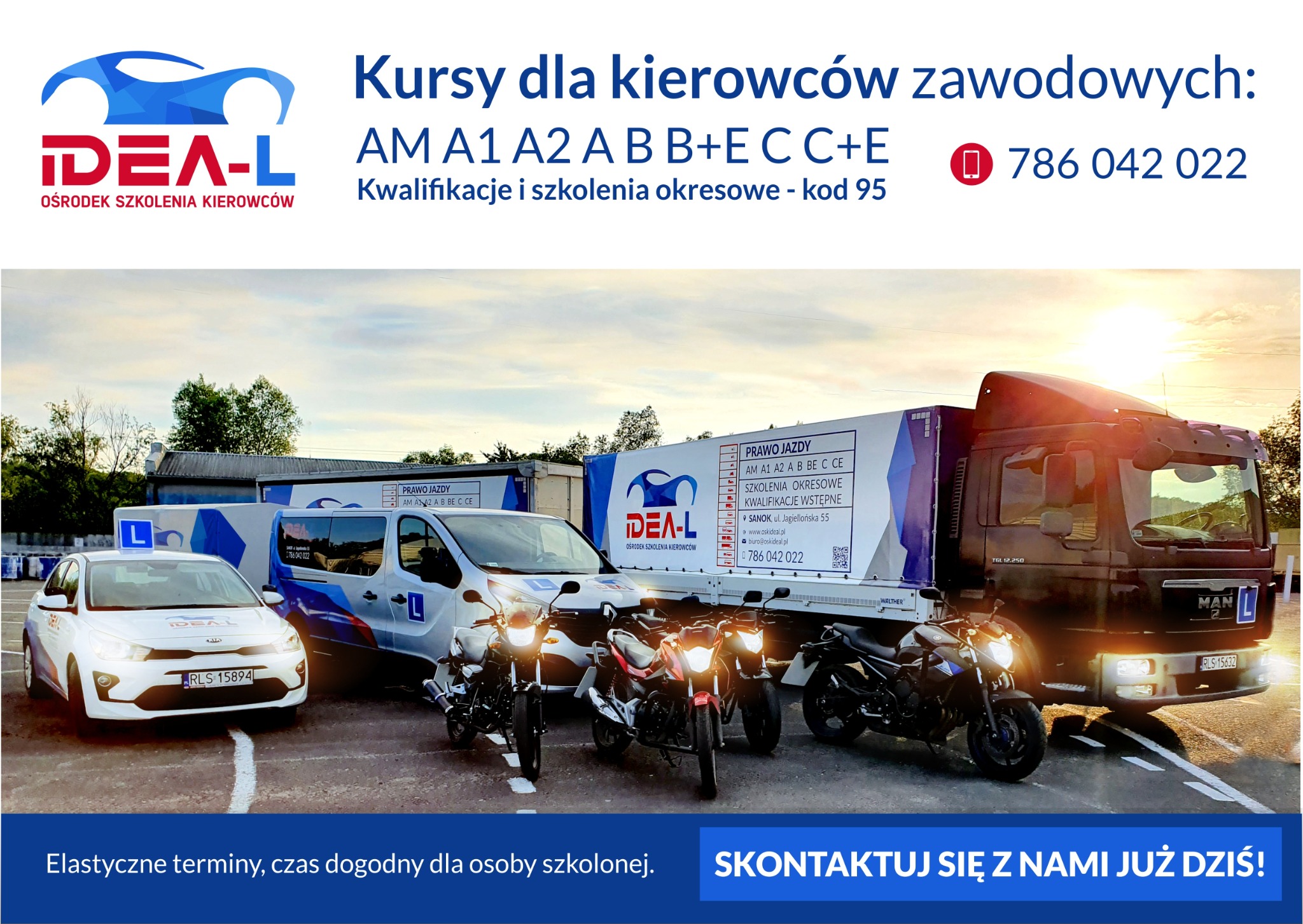 Flota pojazdów ośrodka szkolenia kierowców: samochód osobowy, motocykle i ciężarówka z oznaczeniami 'L' na placu manewrowym.