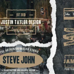 Kompozycja graficzna z fragmentami fotografii ulicznej Nowego Jorku, nazwiskami i nazwami firm projektowych, stylizowana na kolaż z podartymi brzegami i teksturą tkaniny.