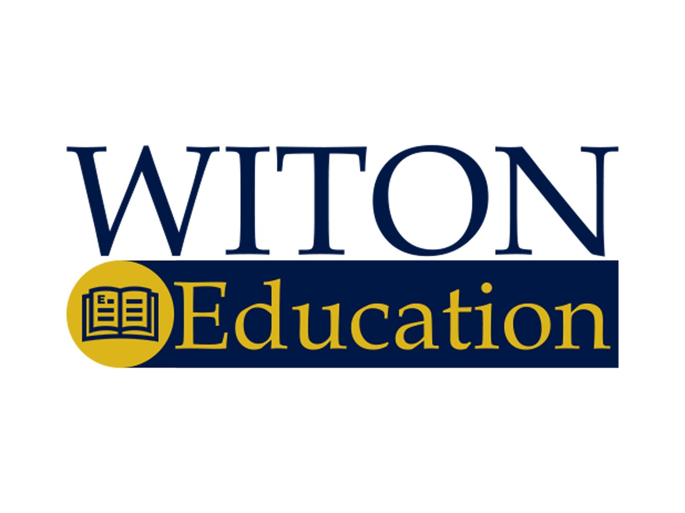Logo firmy edukacyjnej WitOn Education z ikoną otwartej książki w żółtym okręgu i napisem Education na granatowym tle.