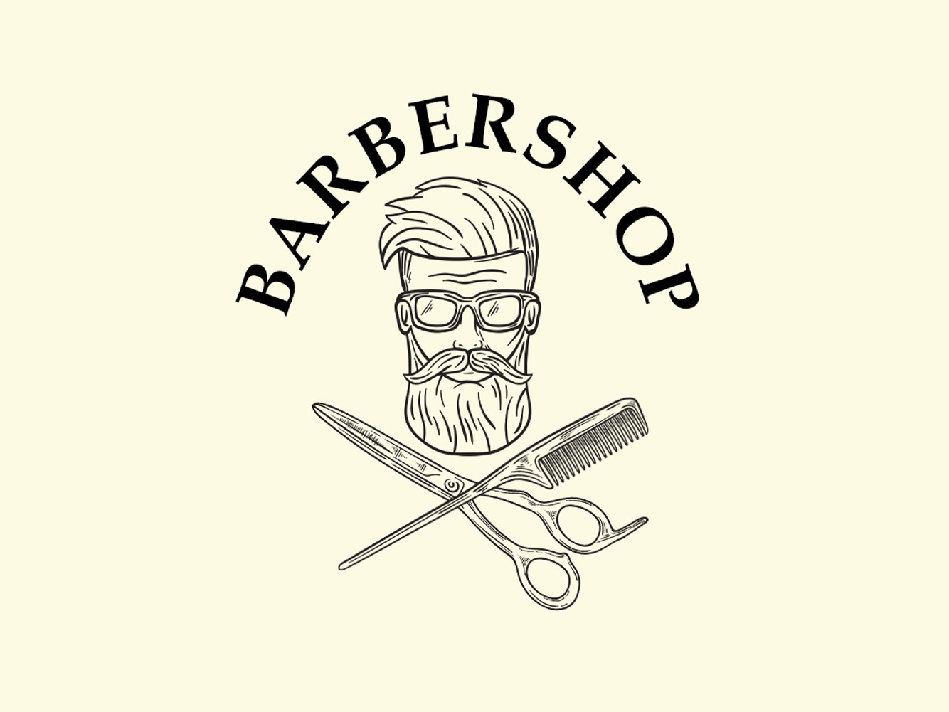 Ilustracja barbershopu: stylizowana twarz mężczyzny z brodą i okularami, skrzyżowane nożyczki fryzjerskie i grzebień, napis 'BARBERSHOP' w łuku nad głową, wszystko w czerni na kremowym tle.