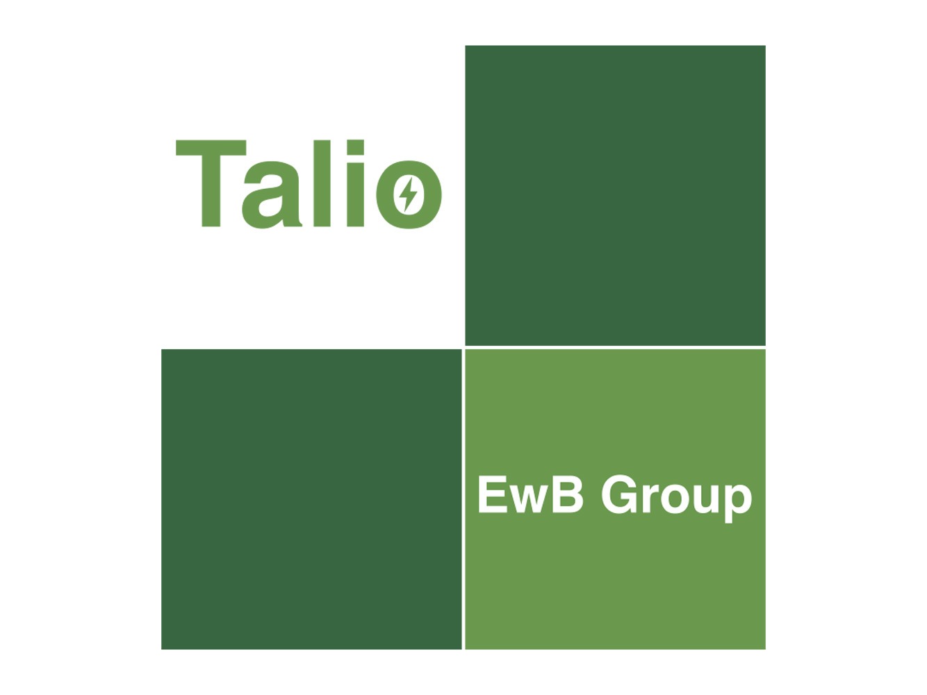 Logo firmy Talio z symbolem błyskawicy i EwB Group w zielono-białej kolorystyce, układ czterech kwadratów.
